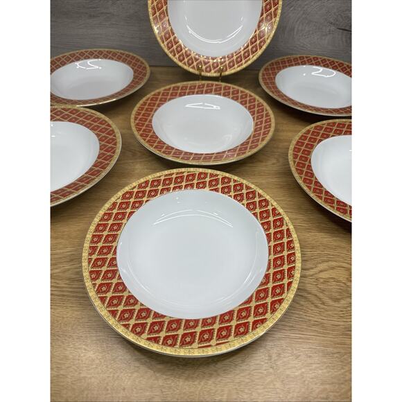 Highgate Manor Royal Tiara Red & Gold Diamond 8.5” Rimmed Soup Bowl~7 Pc Set - Picture 2 of 8
